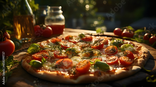 Tasty rustic sliced homemade pizza with tomatoes cheese.