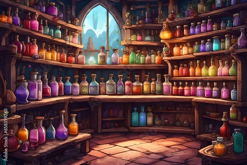 A magical potion shop with shelves of colorful, bubbling elixirs