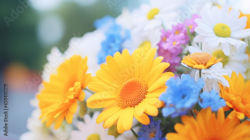 Zoom sur des fleurs, bouquet de fleurs de couleurs jaune, bleu, violet, blanc. Macro, lumineux, coloré. Fond pour conception et création graphique.