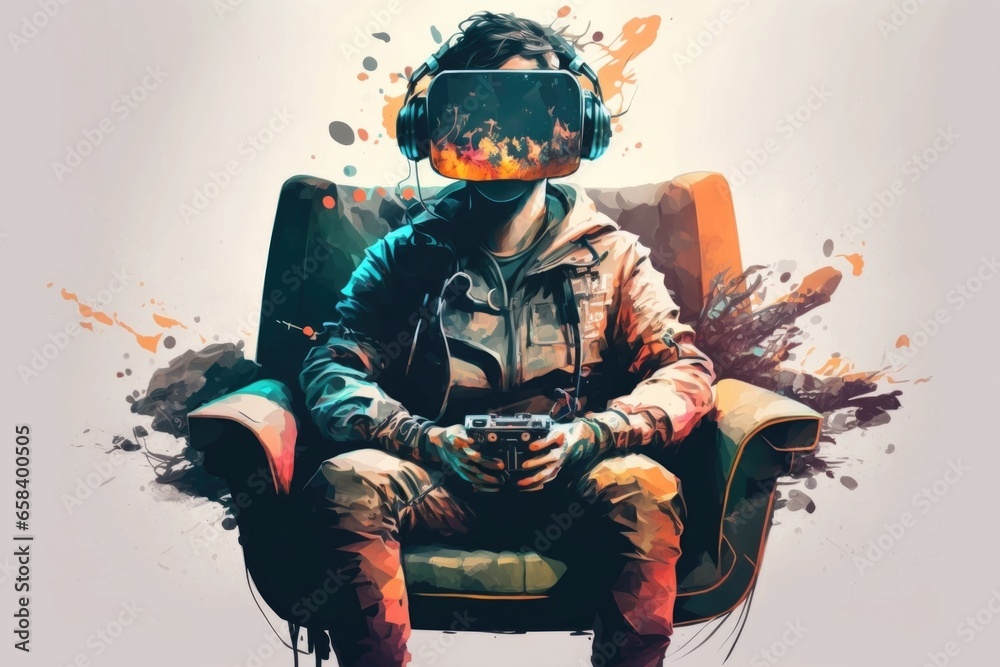 Young man playing video games with virtual reality headset Young man playing video games with virtual reality headset