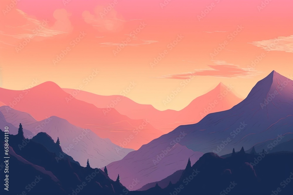 Illustration: pink skies over blue mountains. Generative AI