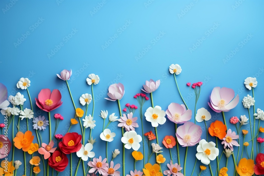 Colorful flowers on blue background with lively spring or summer atmosphere. Generative AI