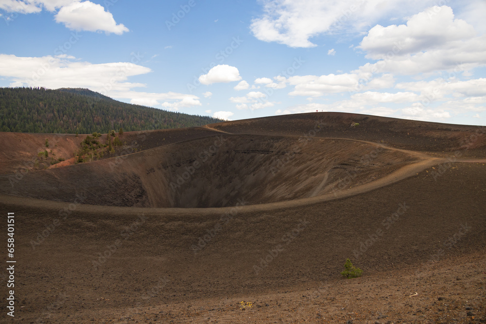 View into Cinder Cone Volcano and curvy Rim Trail, Lassen Volcanic National Park, California