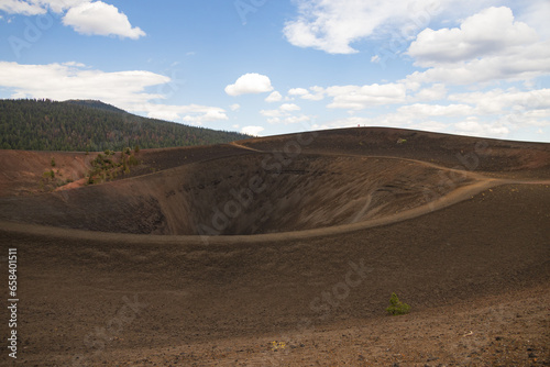 View into Cinder Cone Volcano and curvy Rim Trail, Lassen Volcanic National Park, California