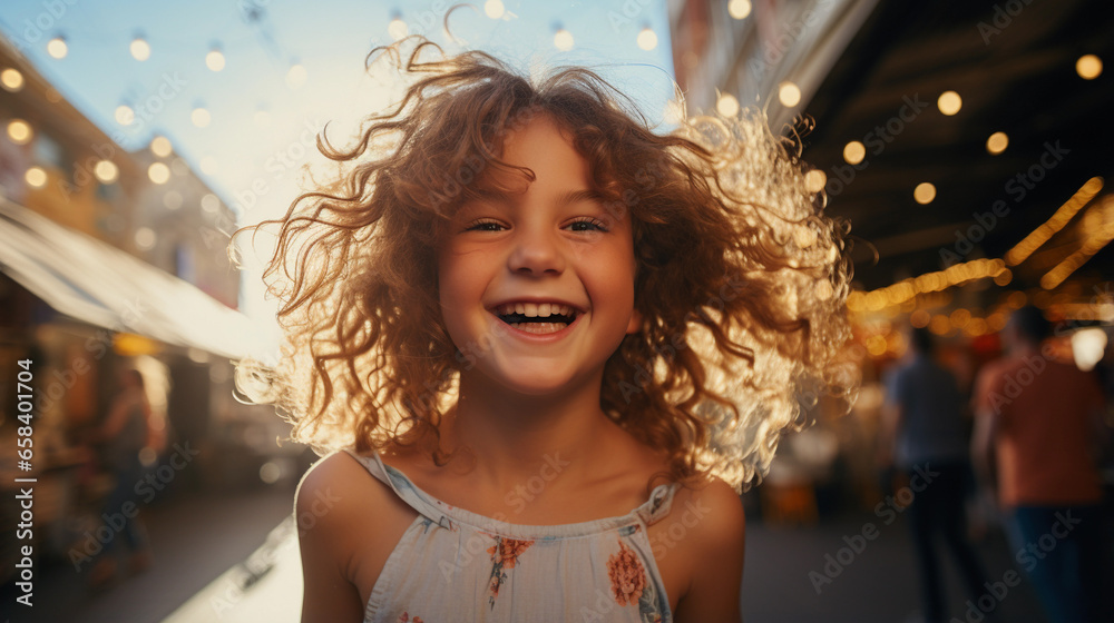 Portrait of a little happy girl on a blurred background, beautiful lighting.