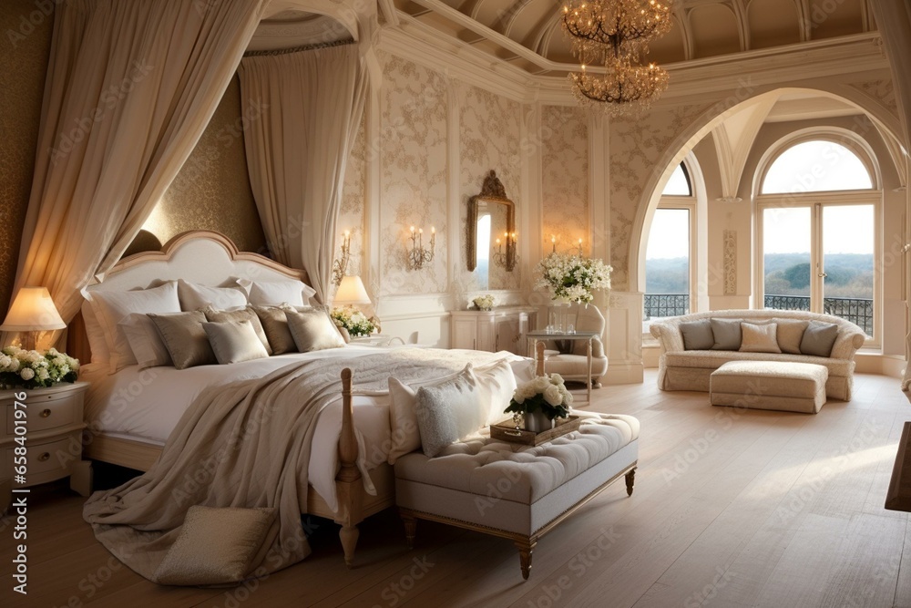 Contemporary opulent bedroom with luxurious king-size bed and an airy castle setting. Generative AI - obrazy, fototapety, plakaty 