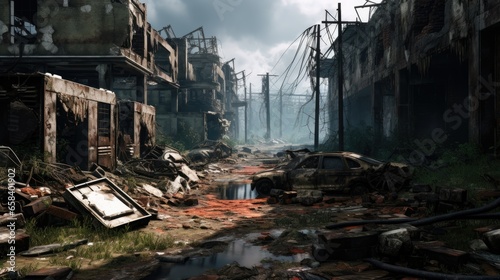 Virtual reality game world in a post-apocalyptic wasteland with crumbling buildings, overgrown vegetation, and desolate atmosphere