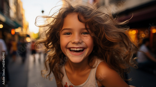 Portrait of a little happy girl on a blurred background  beautiful lighting.