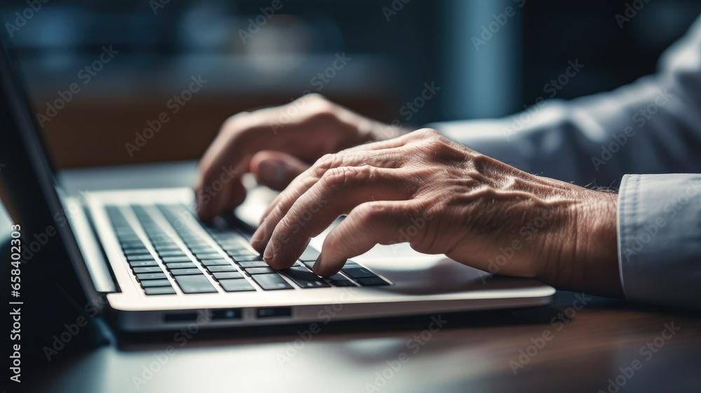 Close-up of hands typing on a dark and moody keyboard in a desaturated color palette. The modern workspace is illuminated by subtle lighting, enhancing productivity and focus. A concept of technology Close-up of hands typing on a dark and moody keyboard in a desaturated color palette. The modern workspace is illuminated by subtle lighting, enhancing productivity and focus. A concept of technology