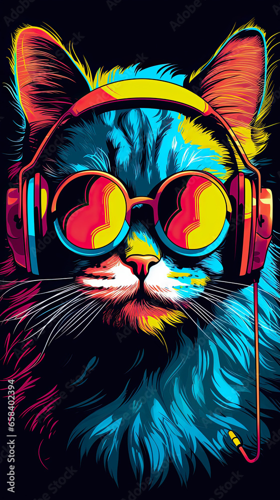 Cat with sunglasses and headphones in pop art style. Colorful background.