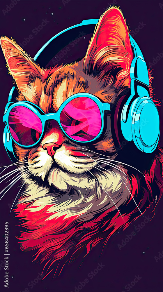 Cat with sunglasses and headphones in pop art style. Colorful background.