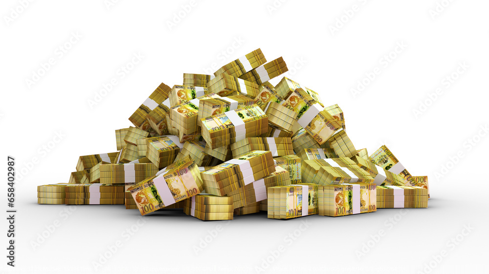Big pile of bundles of Solomon Islands Dollar notes. 3d rendering of stacks of cash