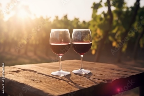 Two glasses with red wine on a wooden table in a vineyard on a sunny morning. Generative AI