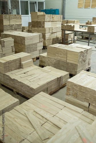 Finished wooden planks. Production of wooden parts. Modern production technologies. Woodworking industry