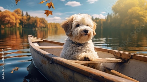 Cute dog sitting boat in canoe river water picture AI Generated art © DolonChapa
