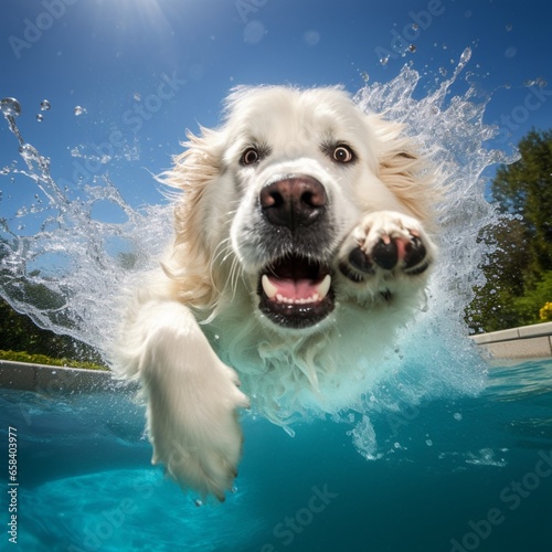 Cute great pyrenees dog jumping pool water wallpaper AI Generated art photo