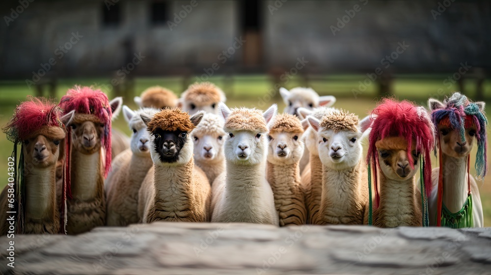 Cute herd of colorful llamas in the andes - obrazy, fototapety, plakaty 