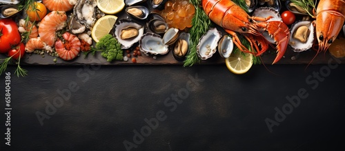 Close up of a seafood cocktail with mussels clams prawns and shrimps