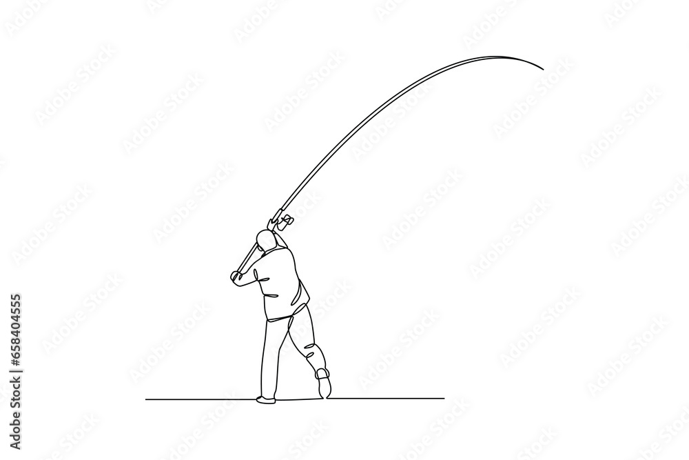 Obraz premium Simple continuous line drawing side view of man cast a fishing rod. On white background fisherman. Isolated silhouette of a fisherman.