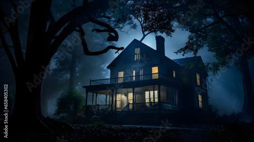 Spectral Enclave: Midnight Fog and a Haunted House in the Woods