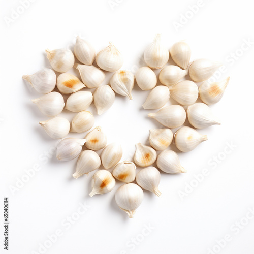 Heap fresh pieces of garlics be arrange in heart shape on white background. Isolated on white background.