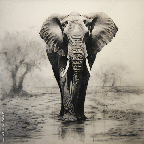 majestic elephant walking towards the camera  monochrome etching