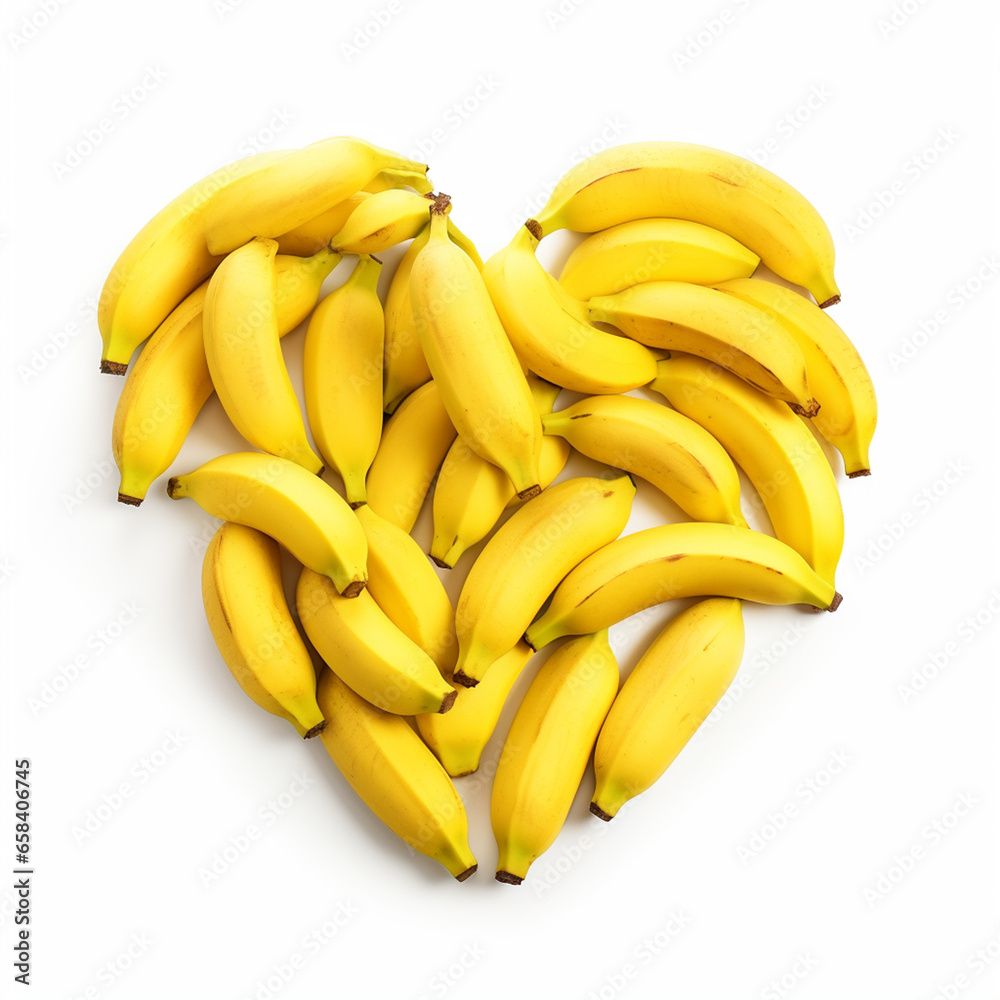 Heap fresh bananas be arrange in heart shape on white background. Isolated on white background.

