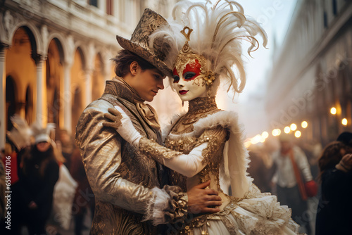 Beautiful closeup portrait of young couple in traditional venetian carnival mask and costume  dancing at the national Venice festival in Italy.