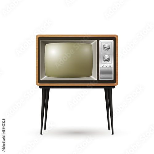 Vector Realistic Retro TV Receiver Isolated on White Background. Home Interior Design Concept. Vintage TV Set in Front View. Television Concept