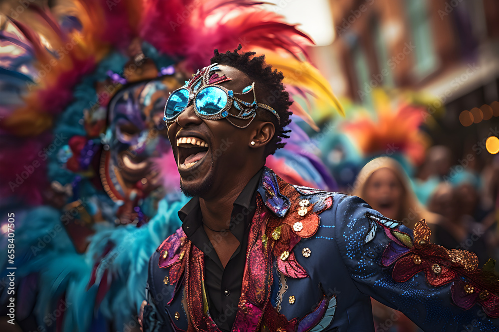 Beautiful closeup portrait of young man in traditional Samba Dance outfit and makeup for the brazilian carnival. Rio De Janeiro festival in Brazil.