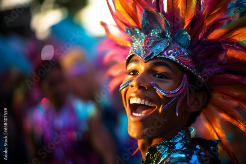 Beautiful closeup portrait of young man in traditional Samba Dance outfit and makeup for the brazilian carnival. Rio De Janeiro festival in Brazil. © AnaWein
