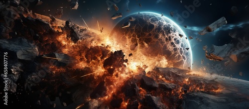 Earth collides with asteroid causing explosion resulting in meteorite fall and potential apocalypse Image supplied by AI