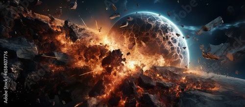 Fototapeta Naklejka Na Ścianę i Meble -  Earth collides with asteroid causing explosion resulting in meteorite fall and potential apocalypse Image supplied by AI