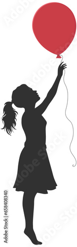 black silhouette of a girl with a red balloon without background
