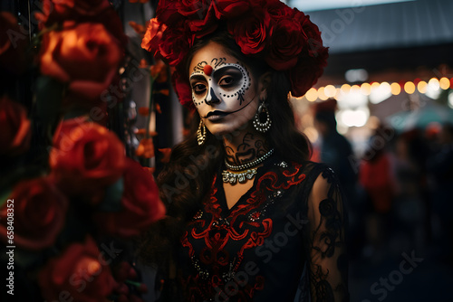 Beautiful closeup portrait of young woman in traditional Calavera Catrina outfit and makeup for the Day of the Dead at the national Mexican festival. © AnaWein