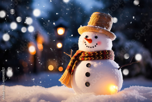 Funny snowman with a hat and scarf stands under the snow on a blurred background of snowflakes and bokeh lights. A beautiful view for a Christmas card. © Evgeniya Uvarova