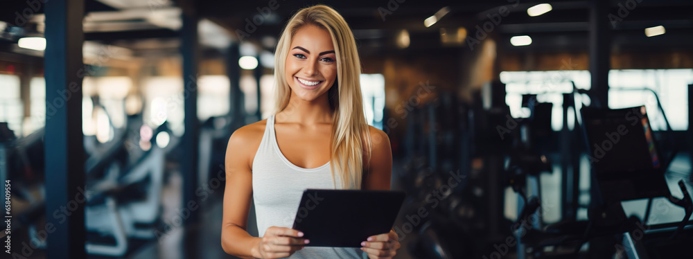 Fototapeta premium Positive pretty girl with an athletic figure holding tablet computer. Healthy lifestyle and fitness concept. Copy space 