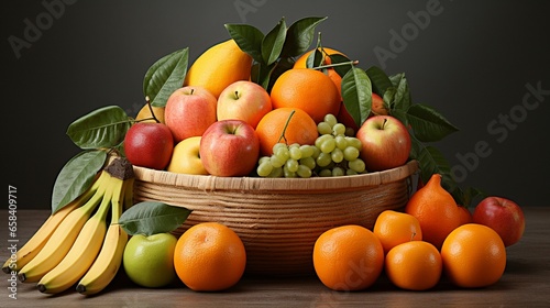 A basket filled with organic fruits like apples  oranges  and bananas.