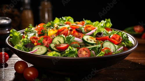 A bowl of fresh salad with lettuce  tomatoes  and a variety of veggies.