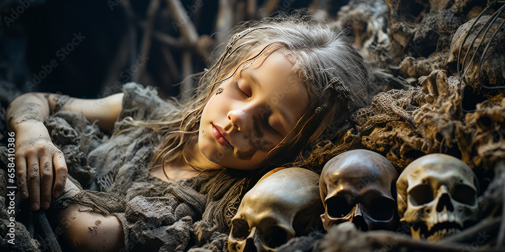 Mournful image of a young girl sleeping in a gloomy tomb Stock Photo Mournful image of a young girl sleeping in a gloomy tomb Stock Photo
