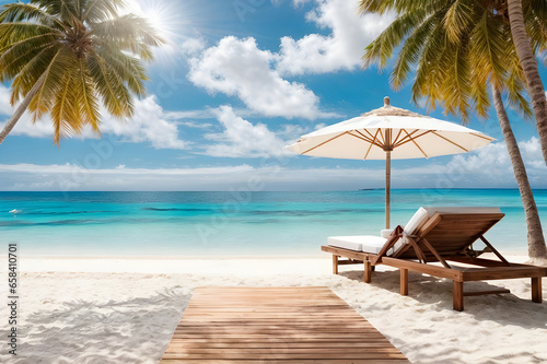 Vacation holiday recreation on beach concept background wallpaper. Beach lounger on sand beach. AI Generated. © Rokeya