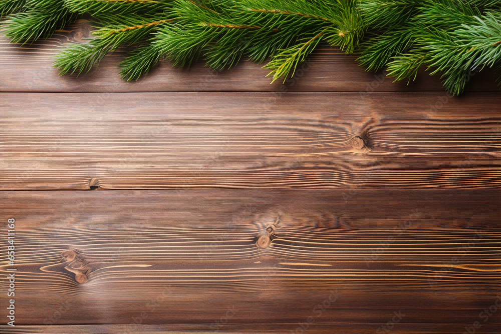 Top view of rustic wooden surface surrounded by fir branches and cones with copy space for congratulatory inscription.