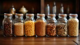 A display of organic cereals and grains in glass jars.