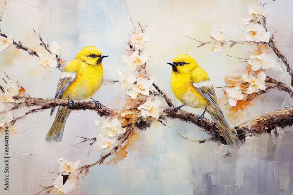 Two Yellow Birds Sitting on Spring Branch Acrylic Painting. Canvas Texture, Brush Strokes.
