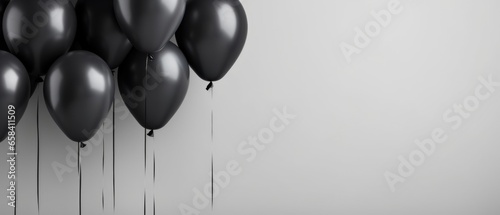 Fotografia Black balloons with silver ribbon on white background