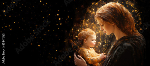 Canvas-taulu Mary with Baby Jesus Painting with Golden Lights and Sparkles on Black Backgroun