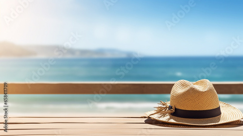 Straw hat on the table with sea view  holiday concept and copy space 