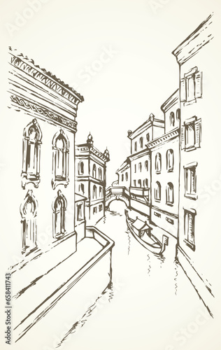Street canal in Venice. Vector drawing