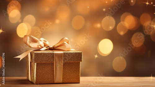 golden gift box with ribbon, Christmas gift with blurred background, copy space area © Mehmet