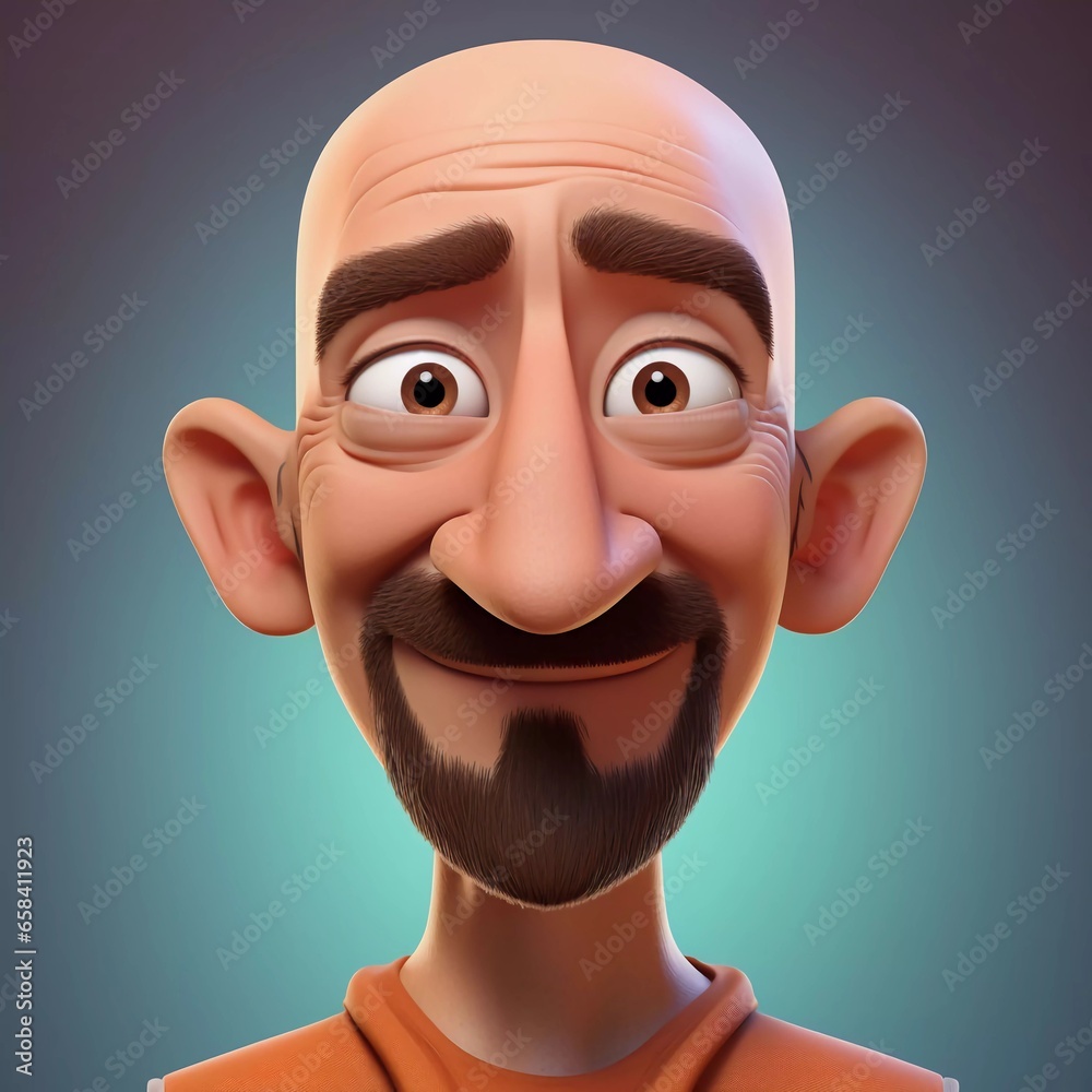 Bald man 3D character avatar with smiling facial expression